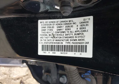 2019 Honda Civic Sport z USA, uszkodzony, nr VIN 2HGFC2F81KH536126